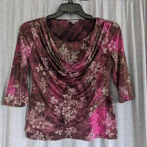 Roz & Ali Floral Cowl Neck Blouse - Pink and Brown